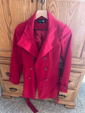 Forever 21 Red Double-Breasted Pea Coat with Belt
